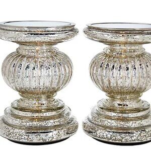 Set of 2 ILLUMINATED Mercury Glass Candle Holder Pedestals w/ Mirror Inserts NIB
